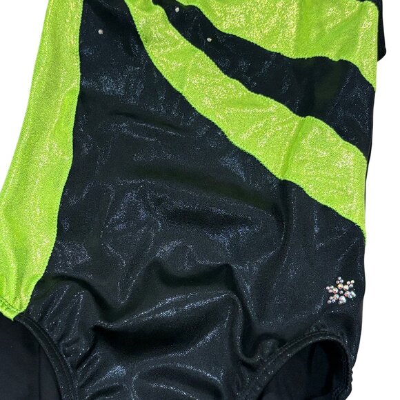 Snowflake Designs Shiny Black & Green Gymnastics Leotard Large - Picture 2 of 5